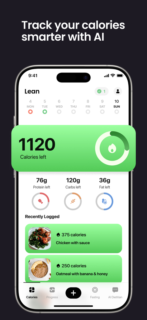 Lean: AI Macro Tracker - Lean AI Macro Tracker app dashboard showing daily calorie and macro nutrient progress for tech professionals