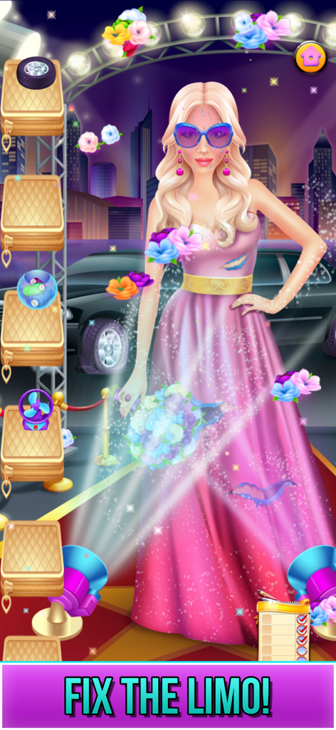 Blonde character on a red carpet with a limousine in the Fix the Limo game level.