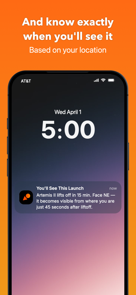 Flyby — ISS & Launch Tracker - iPhone lock screen displaying a Flyby app notification with precise timing and direction for an upcoming rocket launch visibility