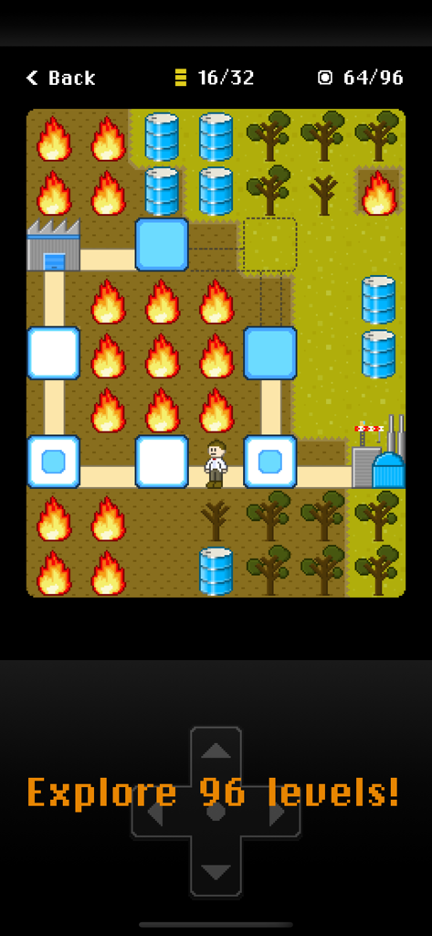 Hazmat Hijinks™ - Hazmat Hijinks のピクセルアートパズルゲームプレイ。キャラクターが火の危険と青い樽を navigated している様子。