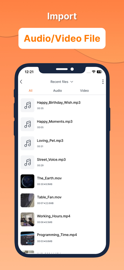 Boost Audio Voice Reduce Noise - Interface of the Boost Audio app showing a list of recent audio and video files ready for noise reduction