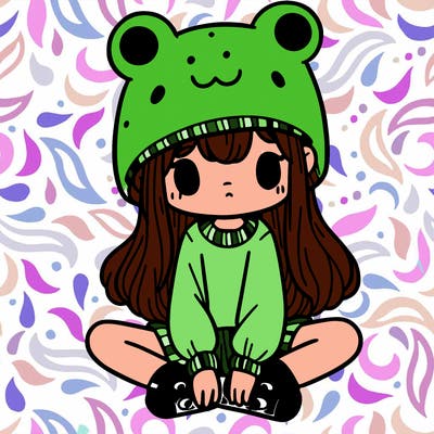 a girl wearing a frog hat and some frog socks