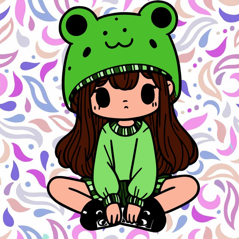 a girl wearing a frog hat and some frog socks