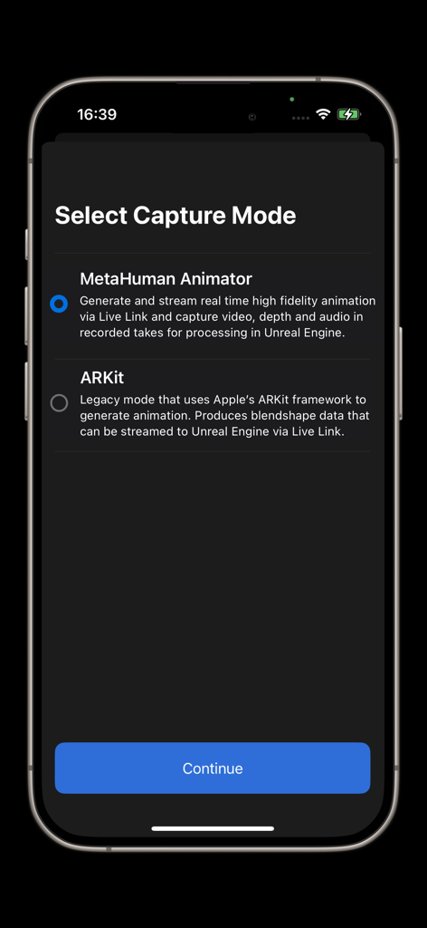 Live Link Face App-Auswahlbildschirm mit den Erfassungsmodi MetaHuman Animator und ARKit