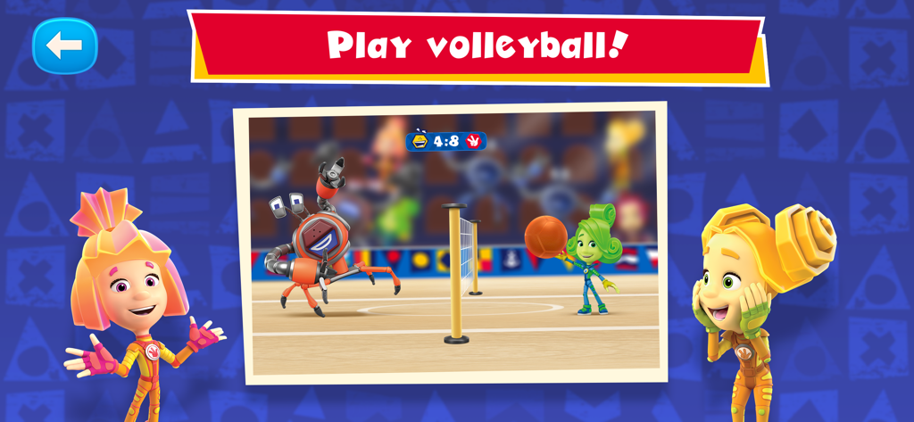 A Fixie character playing volleyball against a Crabot in a colorful mini game.
