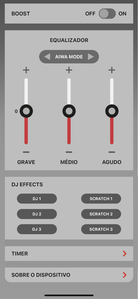AIWA BR AUDIO - Tela do aplicativo AIWA audio para ajustar configurações de equalizador e efeitos sonoros de DJ