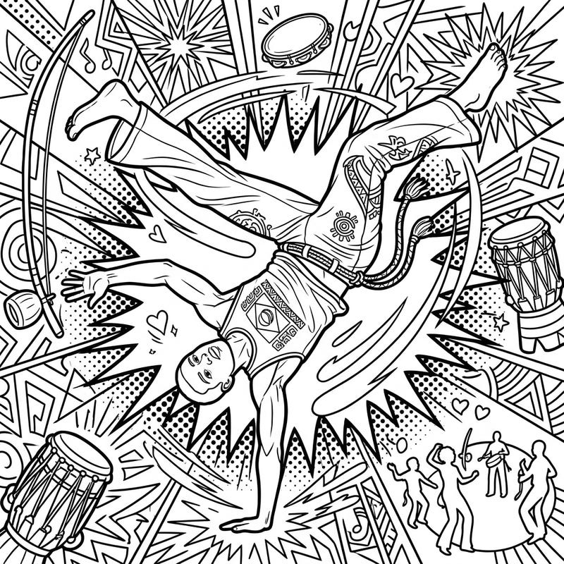 Experience the vibrant energy of Capoeira brought to life in a striking Pop Art style. This captivating coloring page features a dynamic Capoeirista amidst explosive patterns, ready for your creative touch.