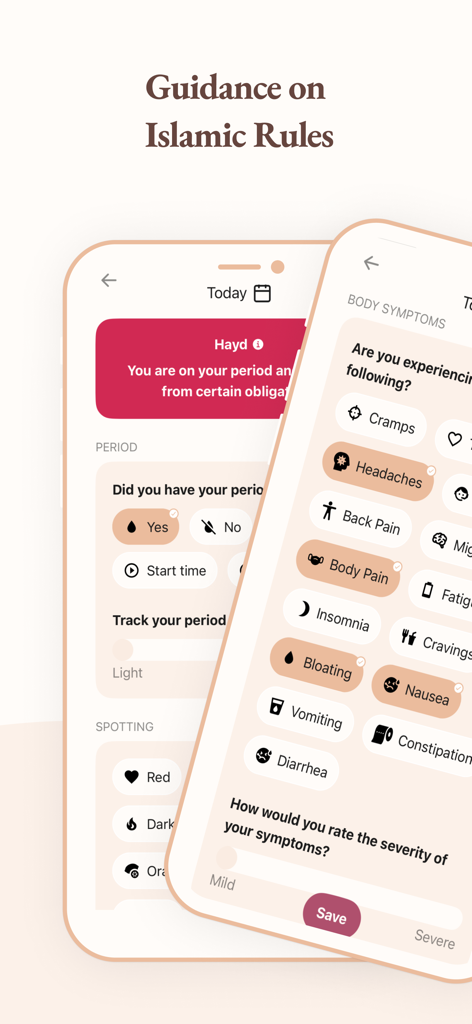 Ayda app interface showing menstrual cycle tracking and symptom logging with Islamic guidance for women.