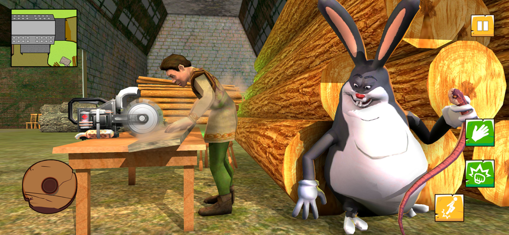 Big Chungus character holding a snake in a factory setting while a worker uses a circular saw