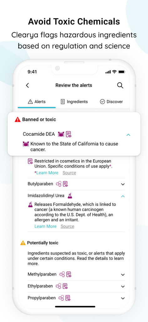 Clearya - Clearya app interface displaying alerts for banned and potentially toxic ingredients in personal care products