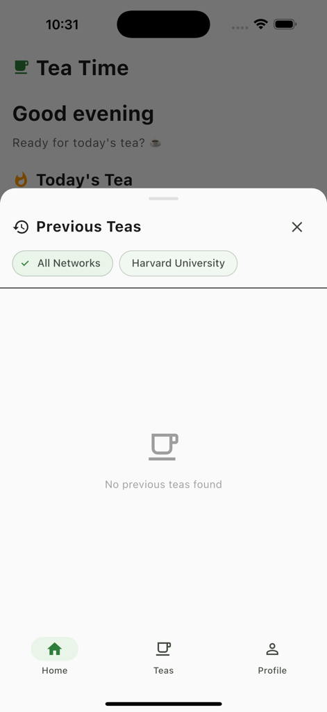 Tea Drop app screen showing previous tea logs and network filters