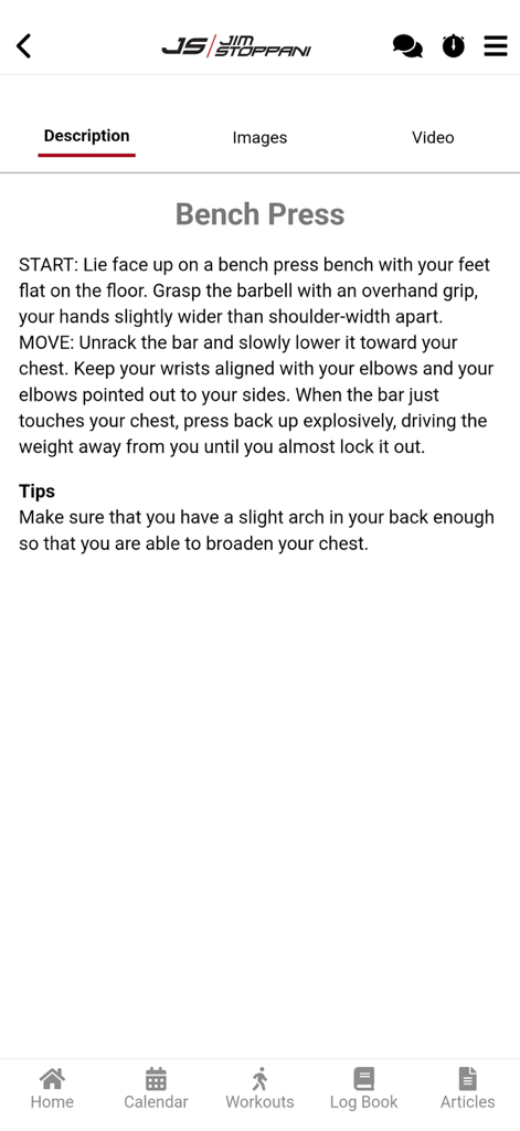 JIM Stoppani - Una guía detallada del ejercicio de press de banca con instrucciones de inicio y movimiento y consejos en la aplicación móvil JIM Stoppani.