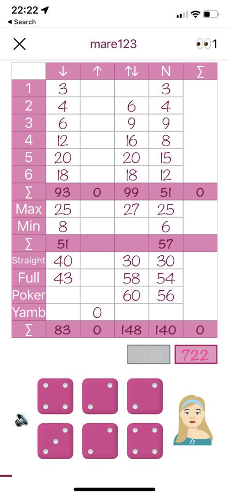 Yamb - A gameplay screenshot of Yamb showing a detailed scoring table with various combinations and six pink dice at the bottom.