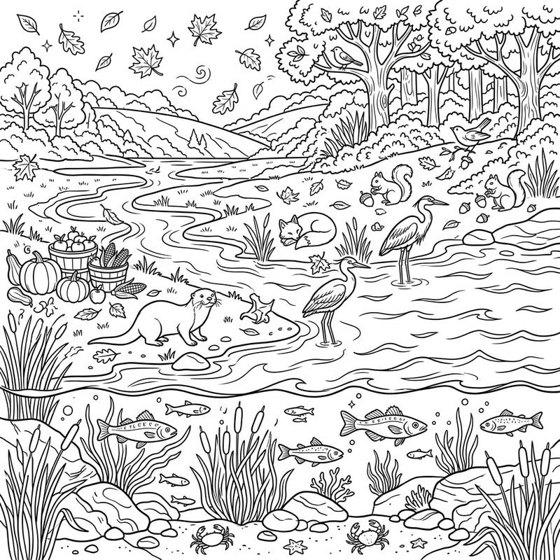 Immerse yourself in the rich ecosystem of an autumn estuary with this beautifully detailed coloring page. Discover otters, herons, fish, and woodland creatures amidst falling leaves and harvest delights, perfect for a relaxing creative session.