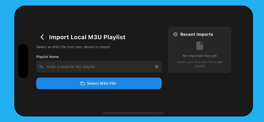 Sparkle Iptv : Player Tv - Import local M3U playlist screen in Sparkle IPTV Player