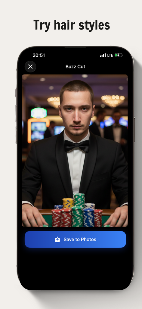 U Max: AI Looksmax Face Rating - U Max 앱에서 버즈컷 스타일의 남성 AI 헤어스타일 미리보기