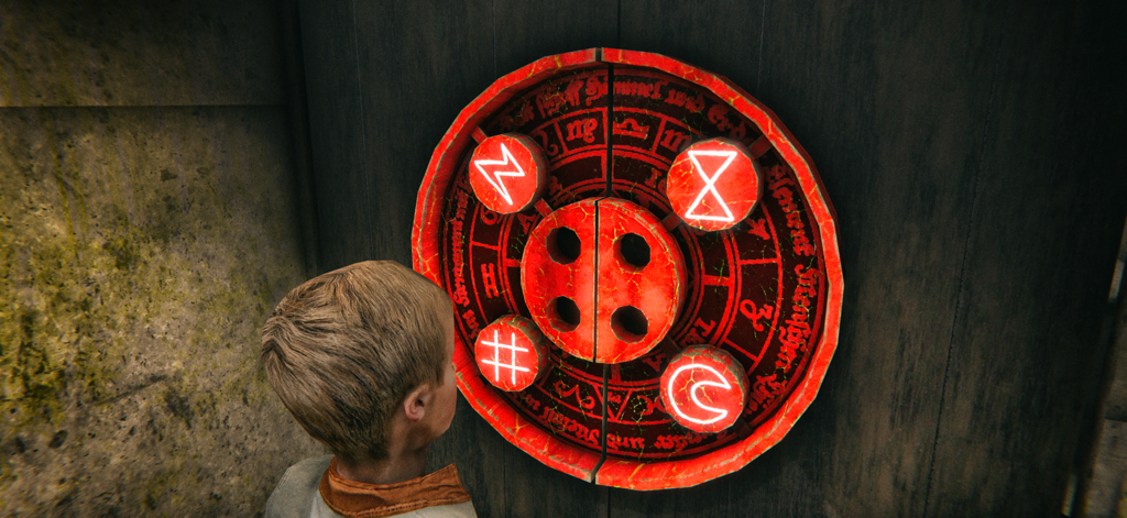 Death Park 2: Scary Clown Game - Un personaje mirando un acertijo circular rojo con símbolos blancos brillantes en el juego Death Park 2