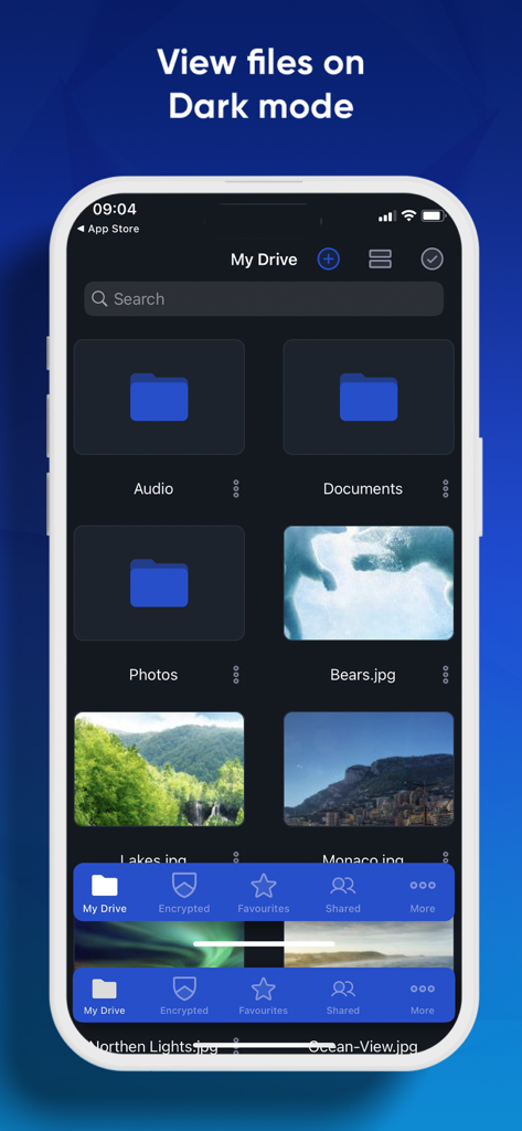 Icedrive – Cloud Storage - Icedrive mobile app displaying file management folders and photos in dark mode
