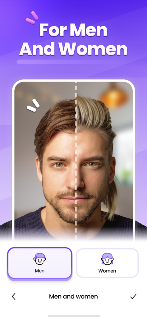 Hair Changer Editor AI Filters - AI hair changer app interface showing a man with a split-screen comparison of different hairstyles and selection buttons for men and women