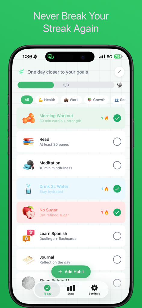 Habitro - Habit Tracker - Interfaz de la aplicación Habitro en iPhone que muestra una lista de verificación de hábitos diarios con el progreso de finalización y categorías de hábitos.