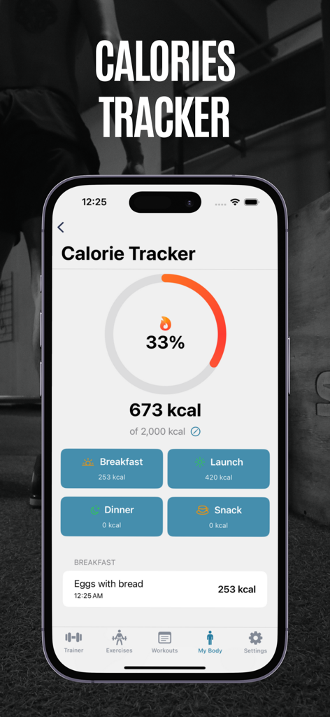 Gym Genius app calorie tracker screen showing daily kcal progress and meal logs