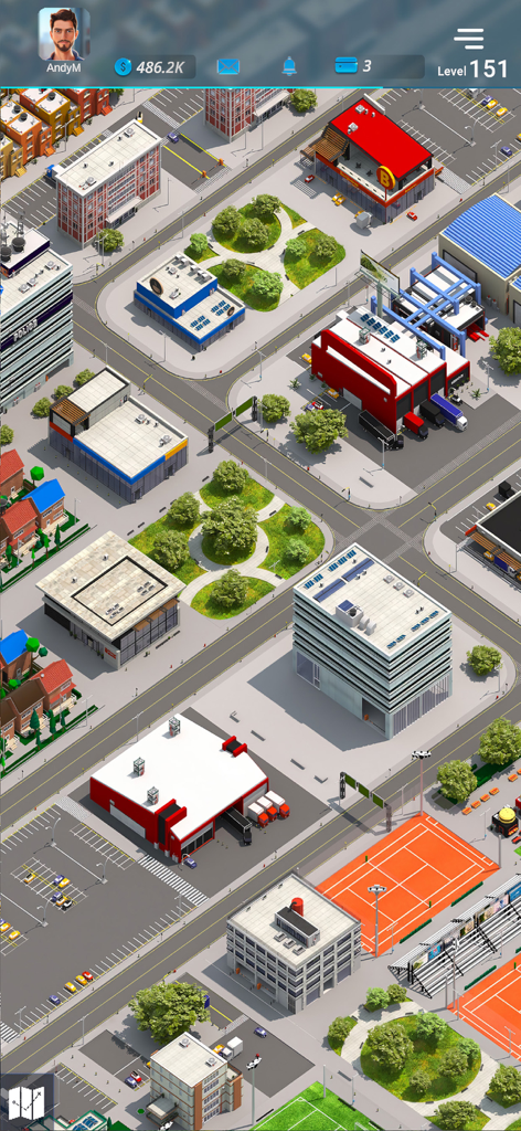 Virtual Truck Manager 3 - Isometric city hub view in Virtual Truck Manager 3 showing warehouses and logistics depots