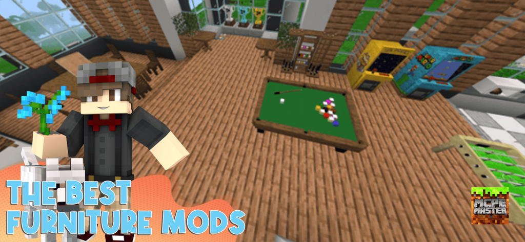 Mods for Minecraft PE - MCPE - Una exhibición de los mejores mods de muebles para Minecraft PE con una sala de juegos con mesa de billar y máquinas arcade