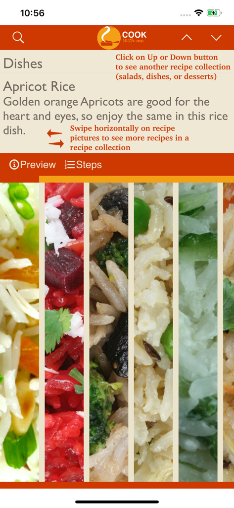 Cook With Me - Cook With Me app screenshot showing Apricot Rice recipe and various vegetarian dish options