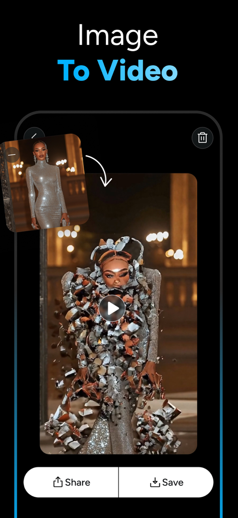 OpenVideo app interface demonstrating the conversion of a static photo into an AI-generated video with a creative shattering effect.