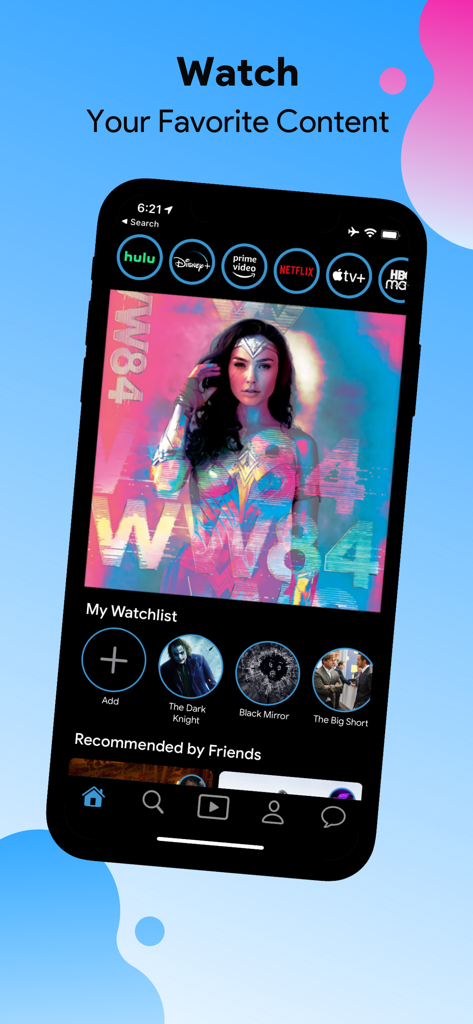 The Gatsby app interface showing a movie watchlist and integrated streaming platforms like Netflix and Disney Plus