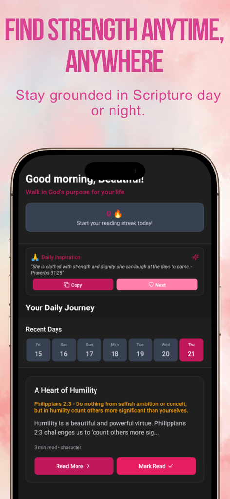 Uma captura de tela do aplicativo Devocional para Mulheres exibindo escrituras diárias e uma leitura devocional sobre humildade