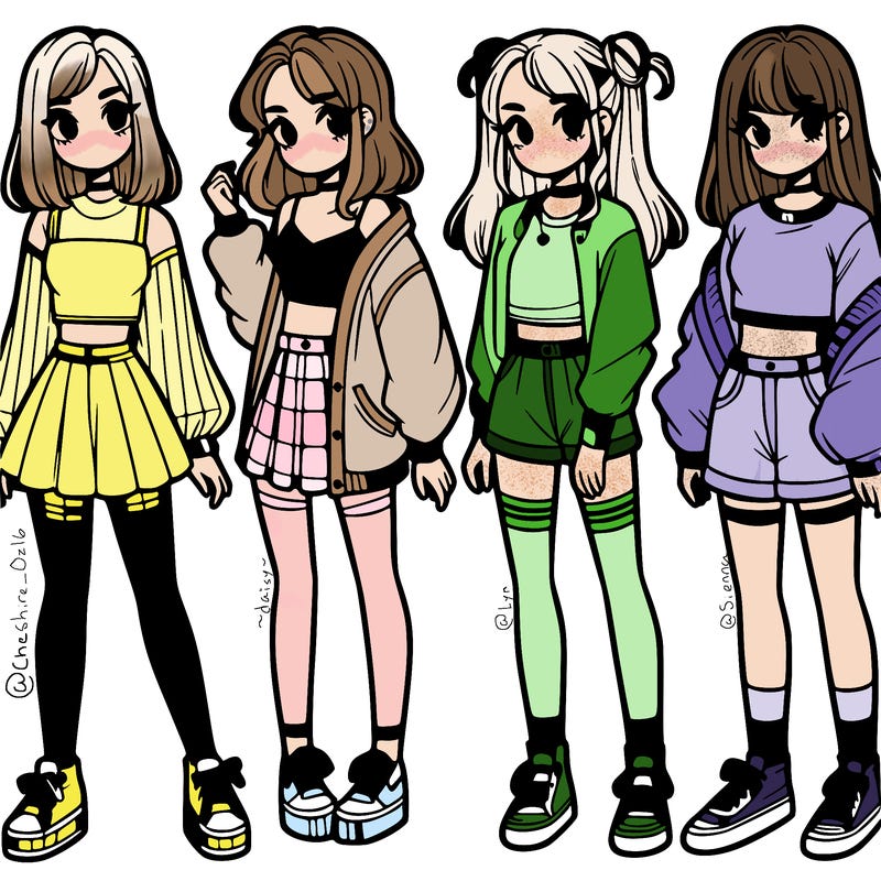 one girl with crop-top shirt and a jacket with a skirt, long socks and another girl with a shirt and pants with a jacket