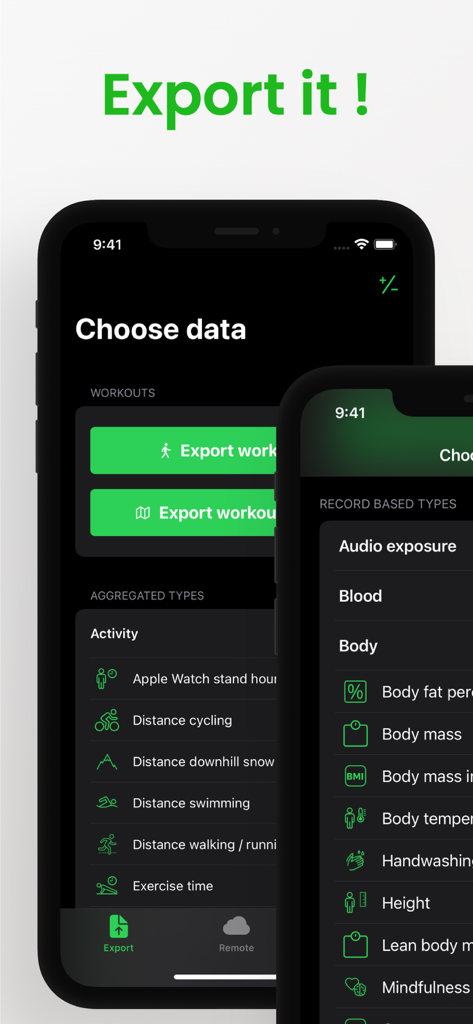 Health Export CSV - Health Export CSV app screen showing options to select health data categories for export