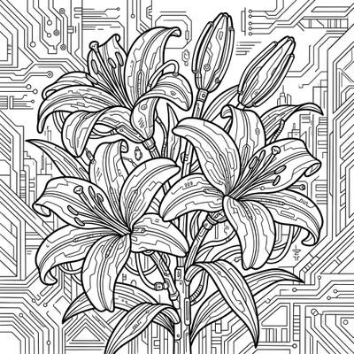 Unleash your creativity with this extraordinary coloring page featuring beautiful Stargazer lilies reimagined in a striking cyberpunk style. Explore a world where nature meets technology, with intricate circuit patterns and robotic elements woven into each bloom.