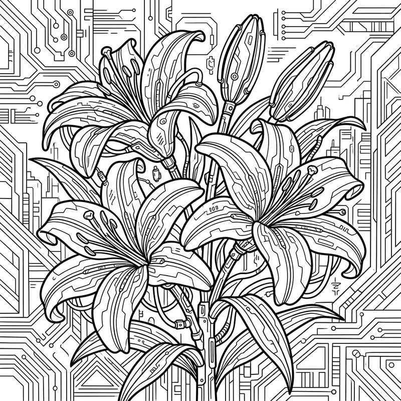 Unleash your creativity with this extraordinary coloring page featuring beautiful Stargazer lilies reimagined in a striking cyberpunk style. Explore a world where nature meets technology, with intricate circuit patterns and robotic elements woven into each bloom.
