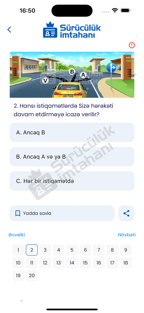 Sürücülük İmtahanı Online - Azerbaijani driving exam online app showing a practice traffic rule question with an illustration