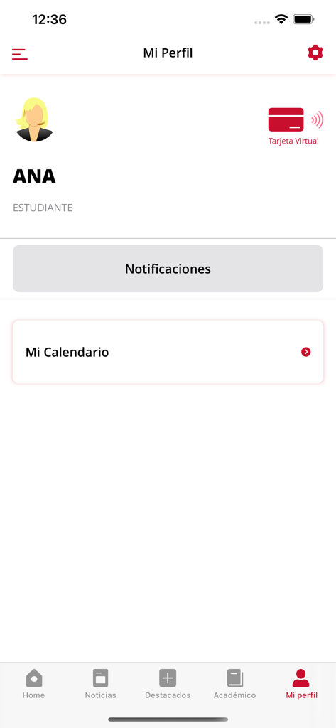 Interfaz de la aplicación UPF Mobil mostrando la sección del perfil del estudiante con carné virtual y enlace al calendario académico.