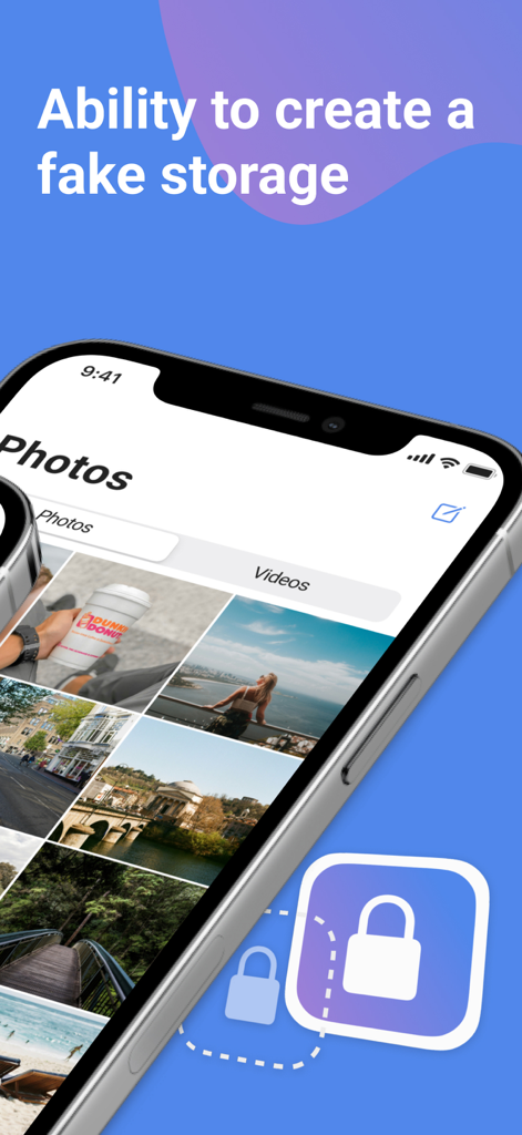 Secret Calculator, Photo Vault - iPhone screen showing the secret photo gallery and fake storage feature with lock icons