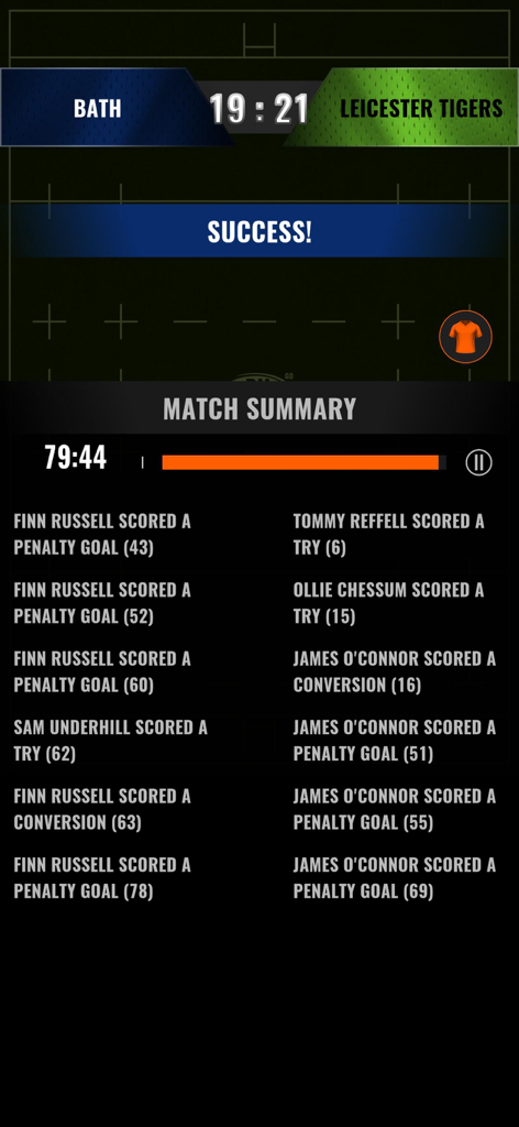 Rugby Manager 26 - Pantalla de resumen del partido de Rugby Manager 26 que muestra el resultado final y una lista de eventos de puntuación para un partido.