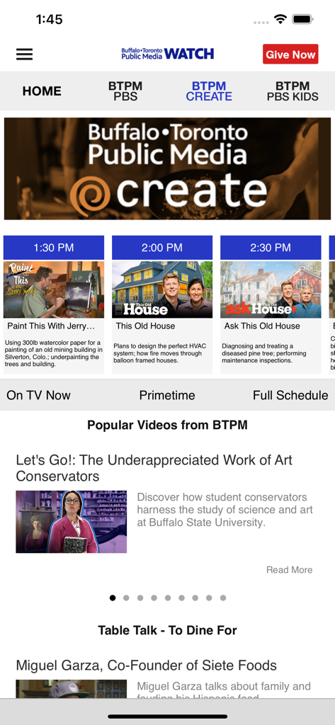 Página inicial do aplicativo BTPM Watch apresentando a programação da Buffalo Toronto Public Media.