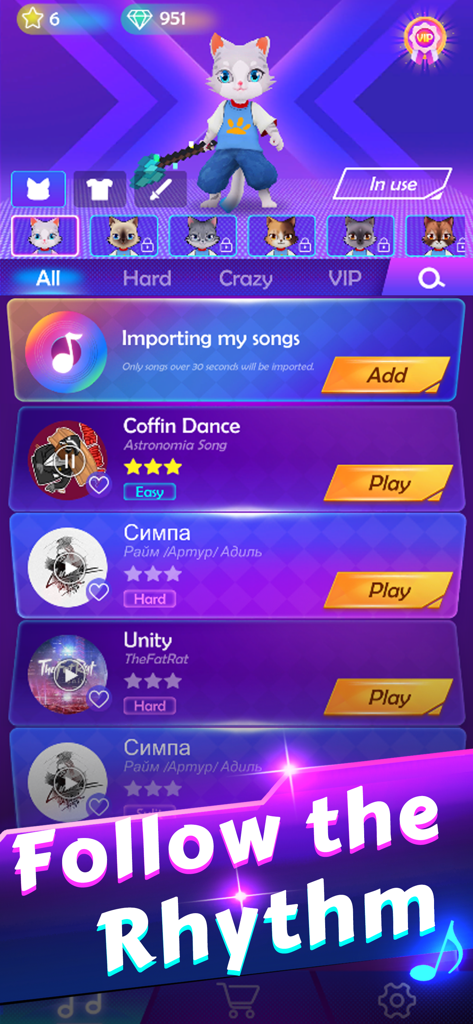 Blade Master : Beat The Music - Song selection screen for Blade Master Beat The Music rhythm game featuring Sonic Cat and a list of popular songs