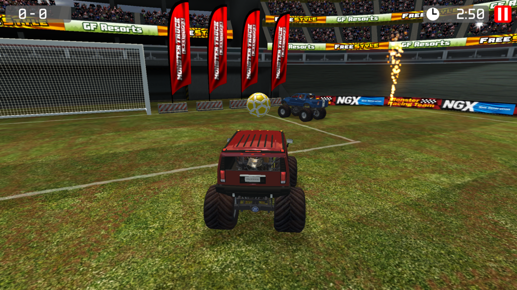 Monster Truck Soccer - Red and blue monster trucks competing in a soccer match with a giant ball inside a stadium