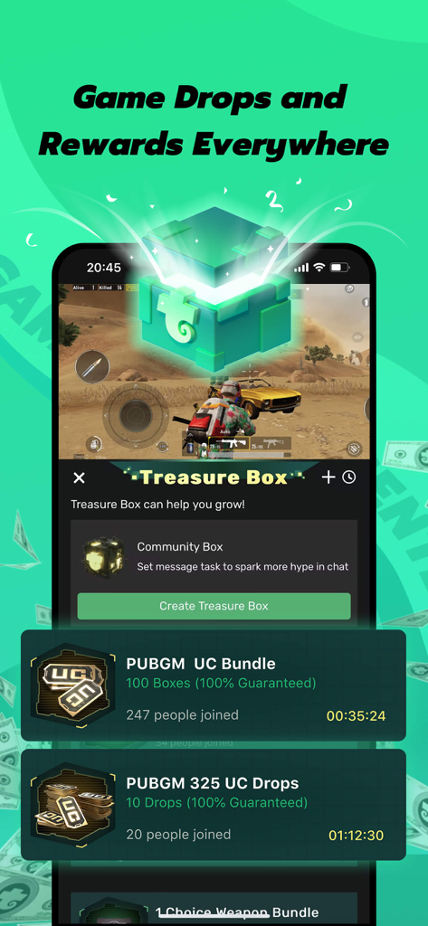 Trovo - Live Stream & Games - Interfaz de la aplicación Trovo que muestra la función de cofre del tesoro con recompensas y drops de juegos.