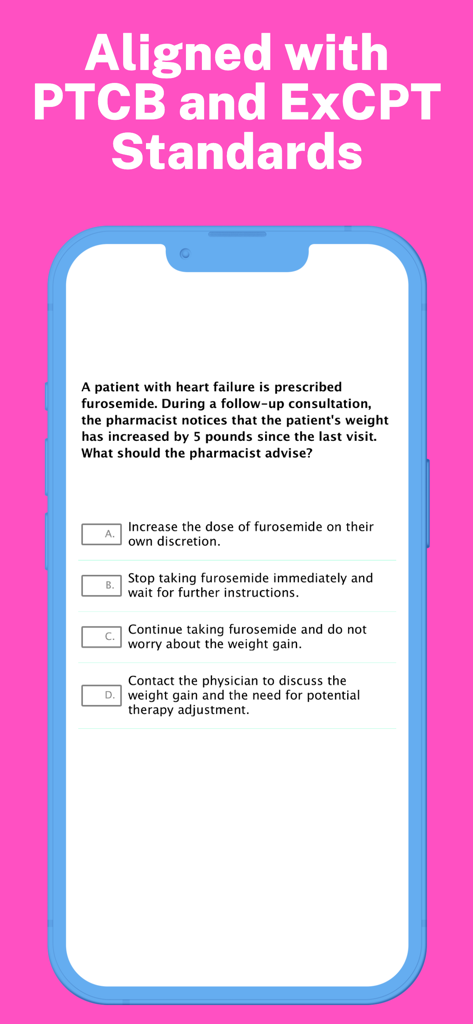 Pharmacy Technician Mastery - Pharmacy Technician Mastery app interface displaying a scenario based practice question aligned with PTCB and ExCPT standards