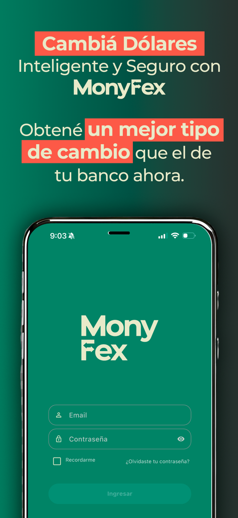 MonyFex - Monyfex-App-Login-Bildschirm mit Werbetexten für den Währungsumtausch auf Spanisch.