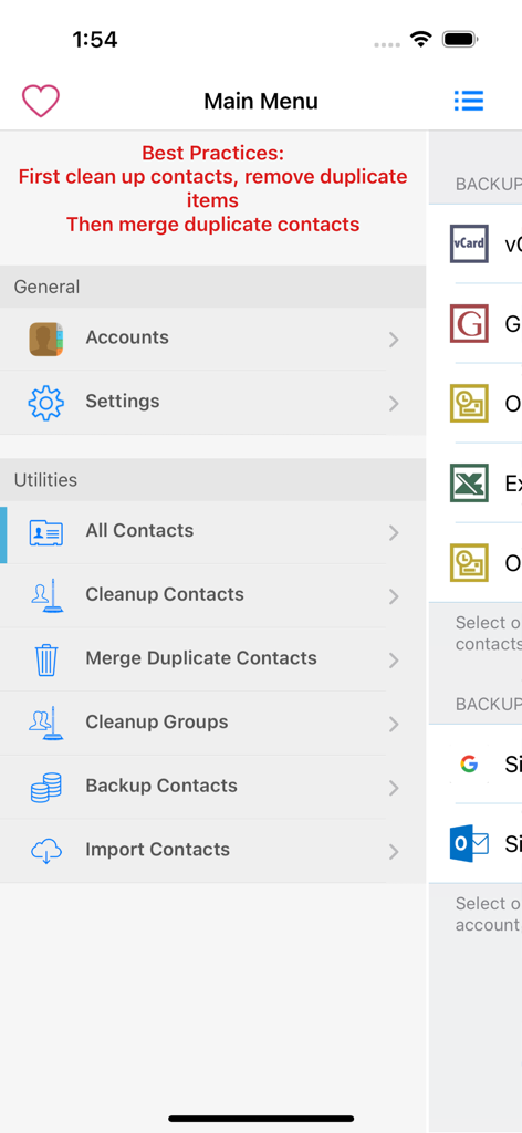Menu principal de l'application de nettoyage et de fusion de contacts montrant les options utilitaires et de sauvegarde