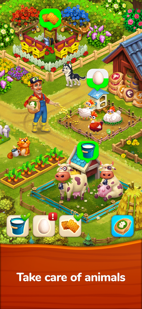 Farmington – Farm game - Un granjero alimentando pollos y cuidando vacas en un entorno de granja digital vibrante