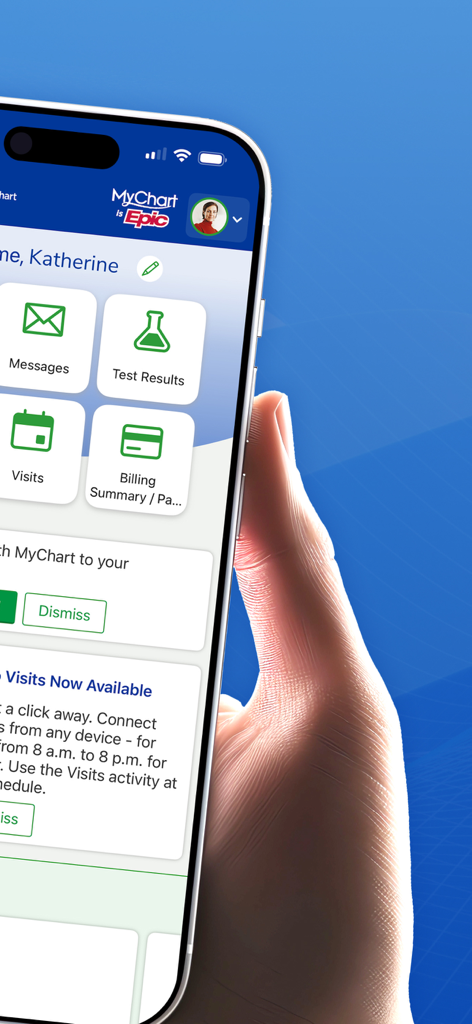 Texas Health MyChart mobile app dashboard showing icons for messages test results visits and billing