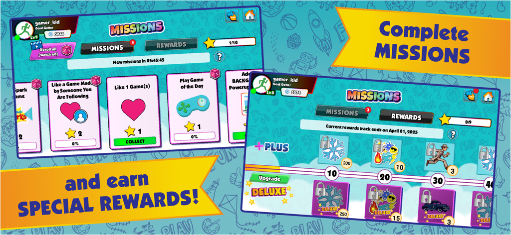 Two app screens showing a list of missions and a rewards progression track in the Pixicade Game Creator app