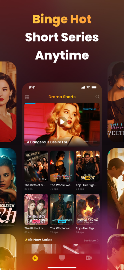 Drimix – Mini Drama Hub - Écran d'accueil de l'application Drimix présentant diverses séries dramatiques courtes et le texte Binge Hot Short Series Anytime